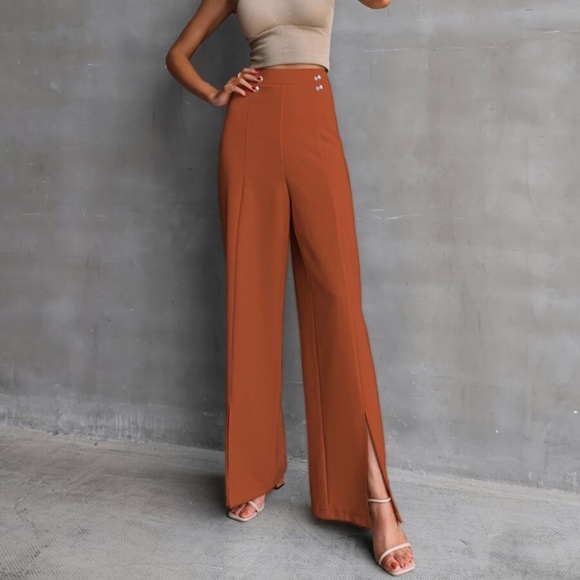 Classic Black Wide Leg Slit Hem Pants Minimalist - Picture 6 of 8